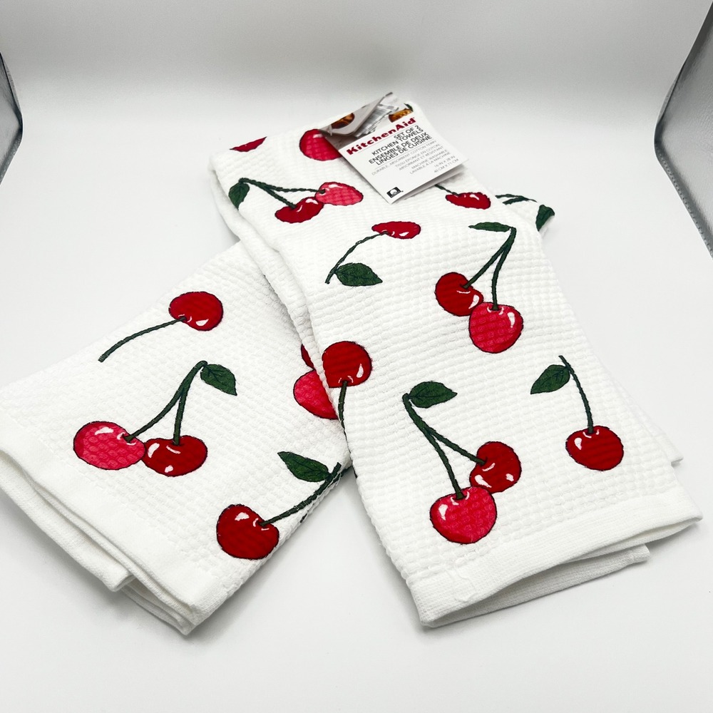 KitchenAid Cherry Print Kitchen Towels Set of 2 White Red Waffle Weave Cotton